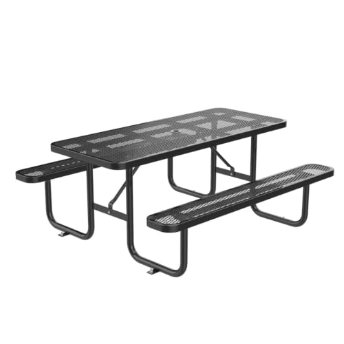 Hassyee Outdoor Picnic Table and Build-in Benches Set with Steel Frame for Poolside, Lawn, Patio Furniture Set with Umbrella Hole and Mesh Design for Backyard, Garden (96" Rectangular Black)