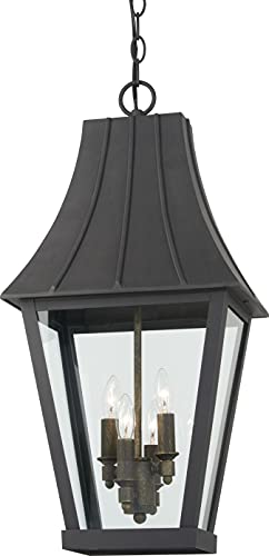The Great Outdoors 72784-66G Chateau Grande Outdoor Chain Hung Lantern, 4-Light, 240 Total Watts, 12-in H x 25-in W, Coal Black with Gold Accents