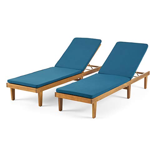 Christopher Knight Home Madge Outdoor Chaise Lounge with Cushion Set of 2 Teak Finish Blue