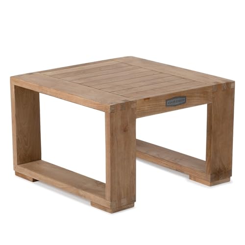 TITAN GREAT OUTDOORS Ash & Ember Sierra Grade A Teak Side Table, 16" Tall Outdoor Hand-Sanded Accent Table, 24"x24" Slated Tabletop, Reinforced with Finger Joints & Solid Brass Hardware