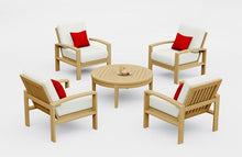 TeakStation 5 Pc Teak Wood Lounge Chair Set: 4 Lounge Chairs & Round Coffee Table with Cushions in Outdoor Sunbrella Fabric #5404 Canvas Natural