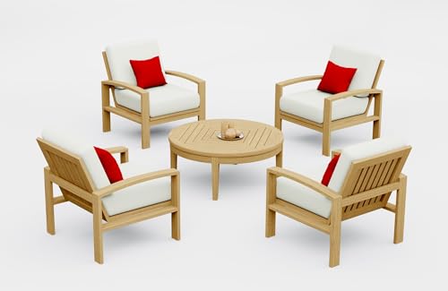 WholesaleTeak Teak Wood 5 Pc Lounge Chair Set: 4 Lounge Chairs & Round Coffee Table with Cushions in Outdoor Fabric #5404 Canvas Natural