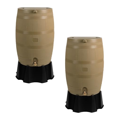RTS Home Accents 50-Gallon Rain Barrel, Flat Back Rain Water Collection Barrel, Stand and Link Kit Included, Oak Color (2 Pack)