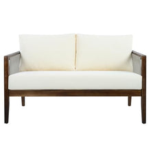 Merax Outdoor Loveseat and Coffee Table Set, Acacia Wood Frame with Rope Detail, Water-Repellent Beige Cushions for Patio Backyard Deck, Dark Brown