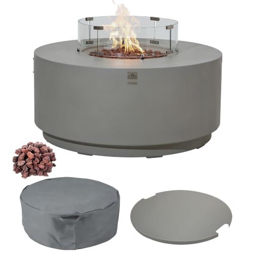 AMS Round Concrete GFRC Propane Gas Fire Pit Table Bundle (Light Gray)