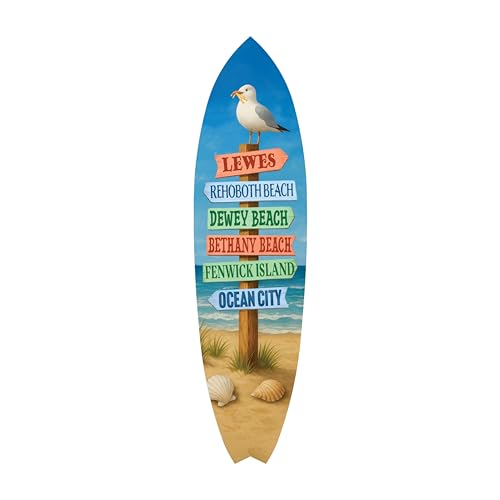 JennyGems Delaware Beaches Surfboard Wall Art with Seagull and French Fries, Outdoor PVC Coastal Sign, Beach House Decor (5 Foot)