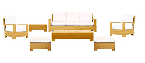 WholesaleTeak Leveb 7 Pc Sofa Set: Sofa, 2 Lounge Chairs, 2 Ottomans, Coffee Table & Side Table with Cushions in Sunbrella Fabric #57003 Canvas White #12LV7