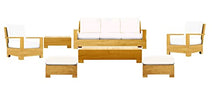 WholesaleTeak Leveb 7 Pc Sofa Set: Sofa, 2 Lounge Chairs, 2 Ottomans, Coffee Table & Side Table with Cushions in Sunbrella Fabric #57003 Canvas White #12LV7