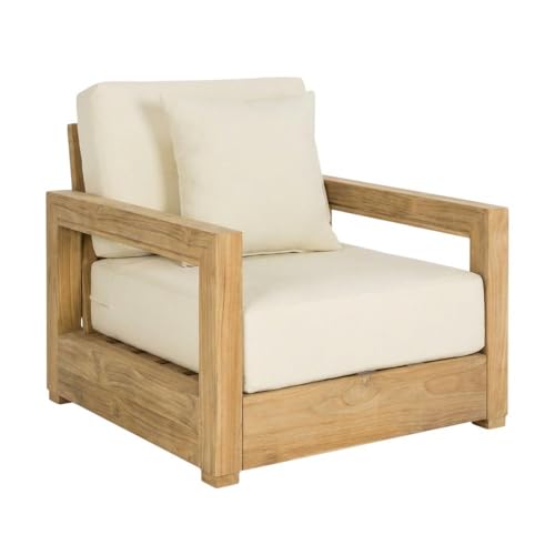 Outdoor Escape Teak Wood Armchair with Cushioned Seat, Stylish Indoor-Outdoor Lounge Chair for Patio, Garden, Contemporary Design