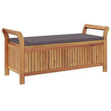 fsahslih Garden Storage Bench with Dark Grey Cushion, Solid Acacia Wood 2-Seater Outdoor Patio Bench with Under Seat Storage, Rectangular Wooden Furniture for Balcony and Terrace, Brown