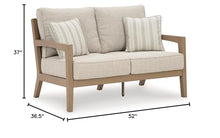 Signature Design by Ashley Hallow Creek Cottage Weather Resistant Outdoor Loveseat with Cushion and 2 Throw Pillows Light Brown & Beige