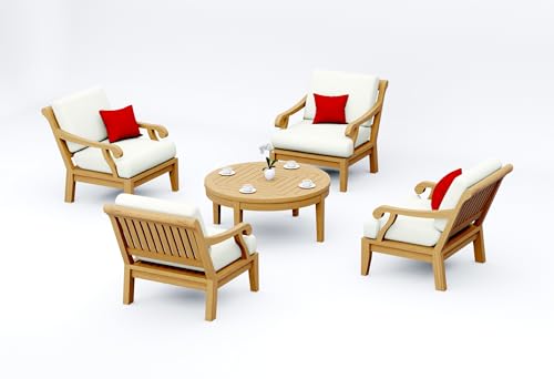 TeakStation 5 Pc Teak Wood Lounge Chair Set: 4 Lounge Chairs & Round Coffee Table with Cushions in Outdoor Sunbrella Fabric #5404 Canvas Natural