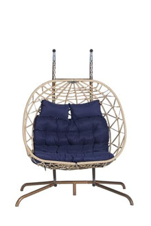 Double Egg Chair with Stand,2-Person Hanging Wicker Hammock Swing for Indoor Outdoor,UV Resistant&Removable Cushion,Loveseat for Patio Balcony Garden,600lbs Capacity(Dark Blue Cushion+Khaki Rattan)