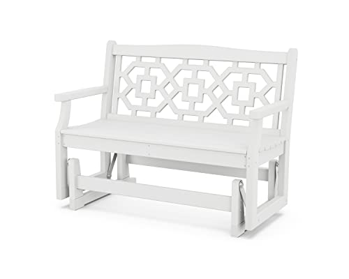 Martha Stewart by POLYWOOD Chinoiserie 48" Outdoor Glider, White, Durable HPDE All-Weather Patio Furniture, Swinging Bench with Latticework Back for Backyard, Garden, 2 Person Seating, Made in the USA