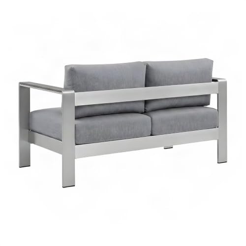 Furnifact Aluminum Outdoor Loveseat with Cushion, Patio Couch for Porch Balcony Deck, Outdoor Sofa Seating for Backyard Patio Furniture, Silver Gray