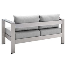 Lounge Loveseat Sofa, Fabric, Aluminum, Silver Grey Gray, Modern, Outdoor Patio Cafe