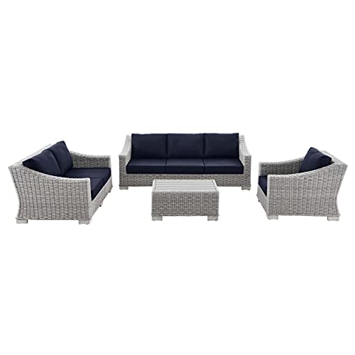 Lounge Sectional Sofa Chair Set, Rattan, Wicker, Grey Gray Blue Navy, Modern, Outdoor Cafe Bistro