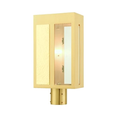 Livex Lafayette 1 Light Outdoor Post Top Lantern Satin Brass with Hammered Polished Brass Panels