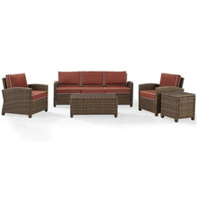 Pemberly Row 5 Piece Wicker Patio Sofa Set, Brown Finish with Sangria Cushions, Steel Frame, All-Weather Resin Wicker, Includes Sofa, 2 Chairs, Coffee Table, Side Table, UV Resistant Outdoor