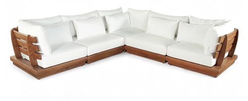 Meridian Furniture 111White-Sec5C Mirella Collection Modern | Contemporary Outdoor Patio L-Shaped 5pc. Modular Sectional with Solid Teak Frame, Water Resistant Fabric, 113" W x 113" D x 27" H, White