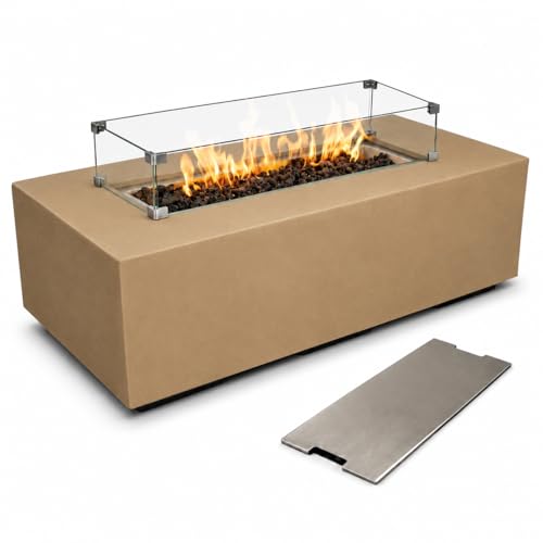 Golden Flame 55" Rectangle Beton Concrete GFRC Gas Fire Pit Bundle with Stainless Steel Burner Cover & Glass Wind Guard, 65,000 BTU Outdoor Fire Table, Push Button Ignition, Lava Rock Included - Sand