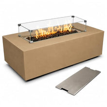Golden Flame 55" Rectangle Beton Concrete GFRC Gas Fire Pit Bundle with Stainless Steel Burner Cover & Glass Wind Guard, 65,000 BTU Outdoor Fire Table, Push Button Ignition, Lava Rock Included - Sand