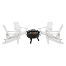 Merrick Lane Ayala Adirondack Chairs & Fire Pit - 4 Pack White Poly Resin Chairs with Black Star and Moon Fire Pit