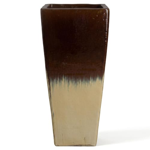 Emissary Home and Garden Tall 15 in. Cream/Java Ceramic Square Planter (15 in. L x 15 in. W x 35 in. H) with Drainage Hole