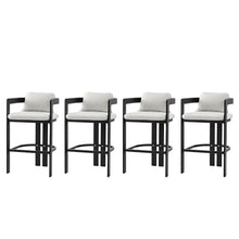 Christopher Knight Home Minxi Outdoor Counter Height Bar Stools Set of 4, Durable Aluminum Bar Stool with Upholstered Seating, Patio Counter Stools with Curved Backrest and Footrest, Black + Grey