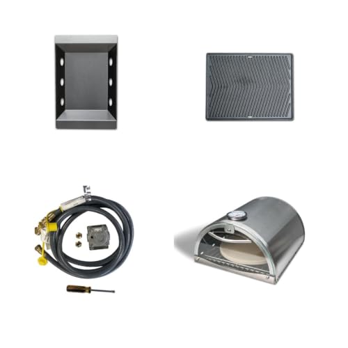 Mont Alpi Accessory Bundle for Outdoor Kitchen Island - Stainless Steel Charcoal Basket Tray | Dual-sided Cast Iron Griddle Plate | Side Burner Pizza Oven with Pizza Stone | Natural Gas Conversion Kit