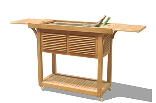 TeakStation Grade A Teak Wood Outdoor Patio Solvang Teak Bar Cart with Extendable Beverage Tub #37SoC