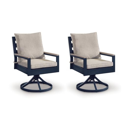 Beco Outdoor Swivel Chair Set of 2, Beige Nuvella Cushions, Navy Blue Metal