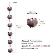 WhamtL Flower Rain Chain Waterfall Water Diverter, Metal Non Rusting Rain Chain Chime Eaves Drainage, Hanging Rain Gutter Chains Outside Decoration(Brown,8m (26.2ft))