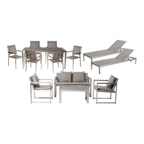 Pemberly Row 13-Piece Aluminum Patio Sofa Set, Modern Gray Finish, Includes Dining Table, Coffee Table, Sofa, Chairs, Loungers, Rattan and Textilene Build for Outdoor Living Spaces