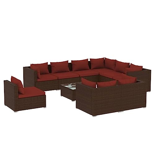 KPOUTRFG 10-Piece Modular Outdoor Seating Set, Brown Garden Lounge Set with Weather-Resistant PE Rattan Furniture for Patio, Balcony, or Garden