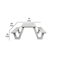 Benzara Limo 86 Inch Picnic Table, Crisp White Polyresin Slats, Aluminum Frame
