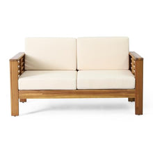 Acacia Wood Outdoor Furniture Set with Water-Resistant Cushions, Patio Club Chair and Loveseat with Matching Side Table, All-Weather Slat Design Seating (Brown,LOVESEAT+2 Chair+Table)