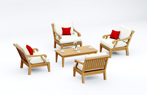 WholesaleTeakFurniture Sack 5 Piece Teak Wood Lounge Chair Set: 4 Lounge Chairs & Coffee Table with Cushions in Outdoor Sunbrella Fabric #5404 Canvas Natural