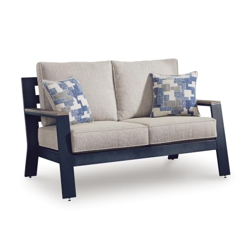 Benzara Beco Outdoor Loveseat, 2 Pillows, Beige Cushions, 58 Inch Navy Blue