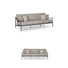 Signature Design by Ashley North Island Modern Nuvella Weather Resistant Outdoor Sofa with Cushion, Sloped Arms and 4 Accent Pillows, Gray
