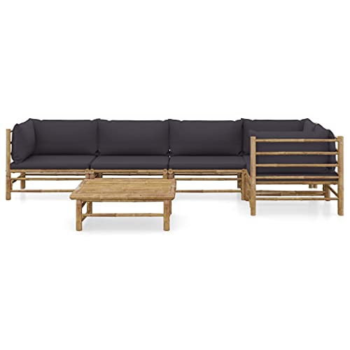 HGKMBRY 6-Piece Modular Bamboo Garden Lounge Set with Dark Grey Cushions for Outdoor Patio Seating, Bamboo Outdoor Seating for Six, Modular Garden Lounge Set