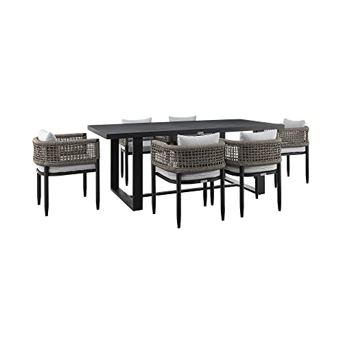 Armen Living Felicia Outdoor Patio 7-Piece Dining Table Set Aluminum Grey Rope Cushions Black