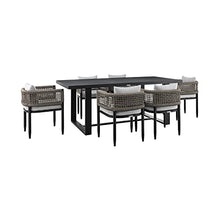Armen Living Felicia Outdoor Patio 7-Piece Dining Table Set Aluminum Grey Rope Cushions Black