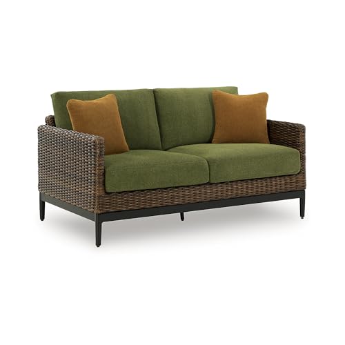 Signature Design by Ashley Horizon Hall Vintage Outdoor Loveseat with Cushion and Pillows Green & Dark Brown