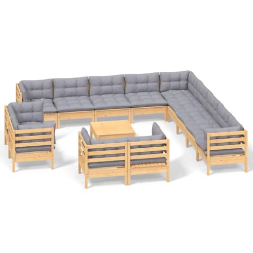 KGHFDVB 14 Piece Patio Lounge Set with Gray Cushions Solid Pinewood