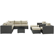 Modway Sojourn Wicker Rattan 10 Piece Outdoor Patio Sunbrella Sectional Set in Canvas Antique Beige
