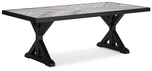 Signature Design by Ashley Beachcroft Outdoor Dining Table, Rust-Resistant Farmhouse Design with Porcelain Tabletop and Umbrella Hole, for Patio Entertaining, Black/Light Gray, 84-Inch