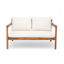 Christopher Knight Home Vorms Outdoor Loveseat with Coffee Table, 2-Piece Acacia Wood Patio Furniture Set with Rope Backrest, Patio Conversation Chat Sets for Backyard Balcony, Teak+Cream