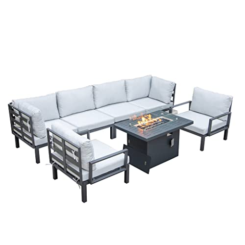 LeisureMod Hamilton Modern 7-Piece Modular Outdoor Sectional Set with Fire Pit Table Light Grey