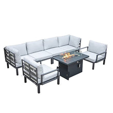 LeisureMod Hamilton Modern 7-Piece Modular Outdoor Sectional Set with Fire Pit Table Light Grey